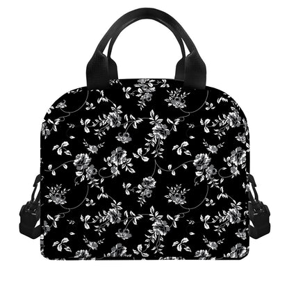 Black And White Flower Print Insulated Lunch Bag