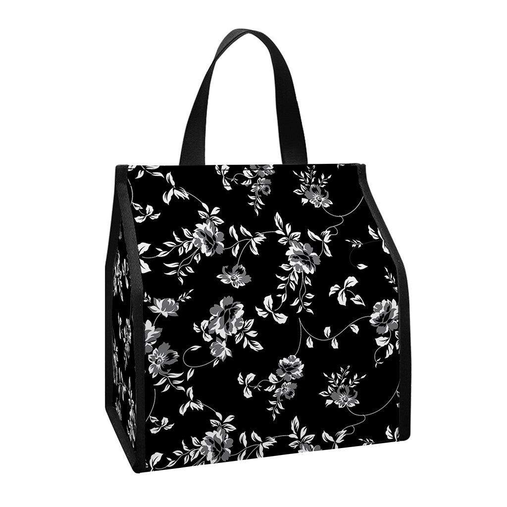 Black And White Flower Print Insulated Lunch Tote