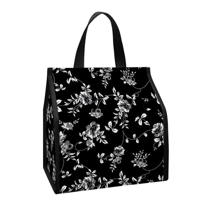 Black And White Flower Print Insulated Lunch Tote