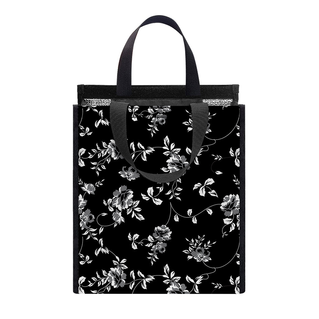 Black And White Flower Print Insulated Lunch Tote