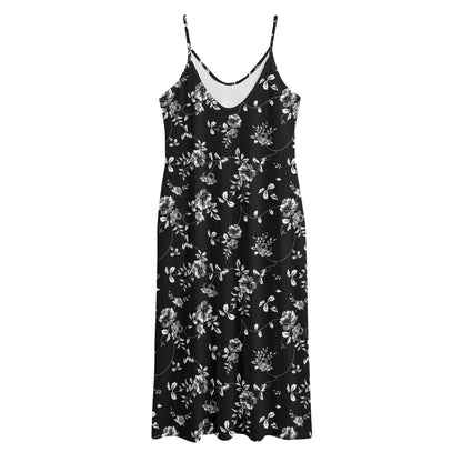 Black And White Flower Print Jersey Midi Cami Dress