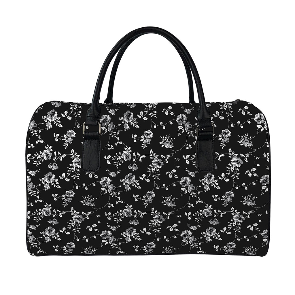 Black And White Flower Print Leather Duffle Bag