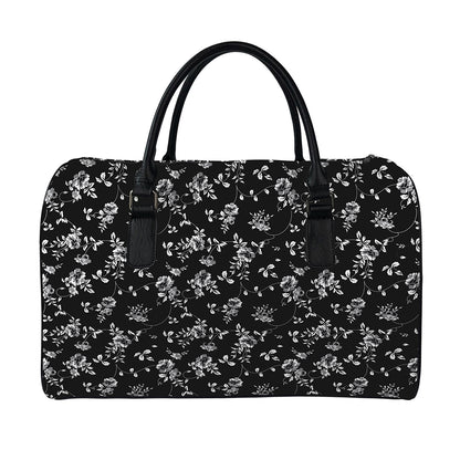 Black And White Flower Print Leather Duffle Bag