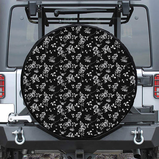 Black And White Flower Print Leather Spare Tire Cover