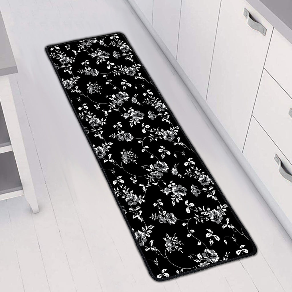 Black And White Flower Print Long Kitchen Mat