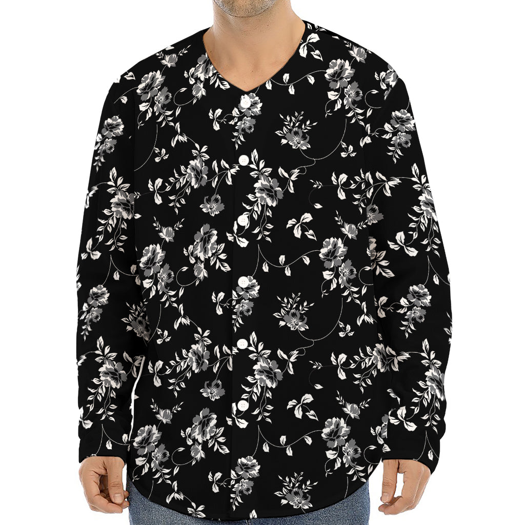 Black And White Flower Print Long Sleeve Baseball Jersey