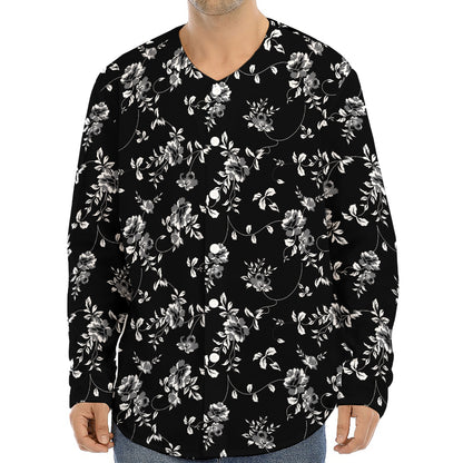 Black And White Flower Print Long Sleeve Baseball Jersey