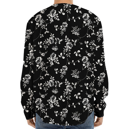 Black And White Flower Print Long Sleeve Baseball Jersey