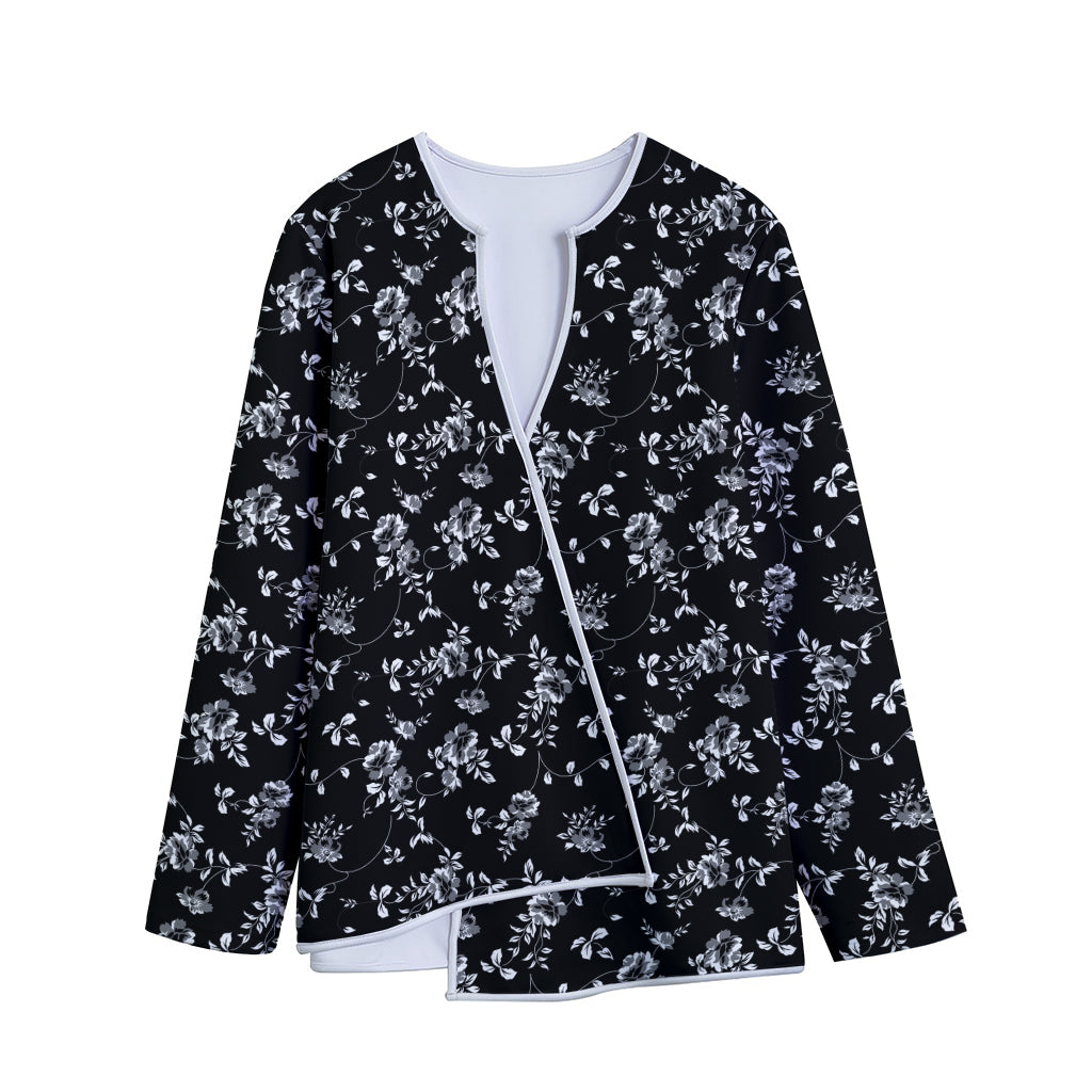 Black And White Flower Print Long Sleeve Short Coat