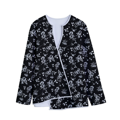 Black And White Flower Print Long Sleeve Short Coat