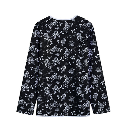 Black And White Flower Print Long Sleeve Short Coat