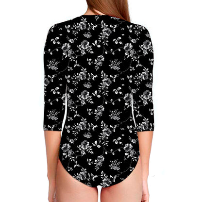 Black And White Flower Print Long Sleeve Swimsuit