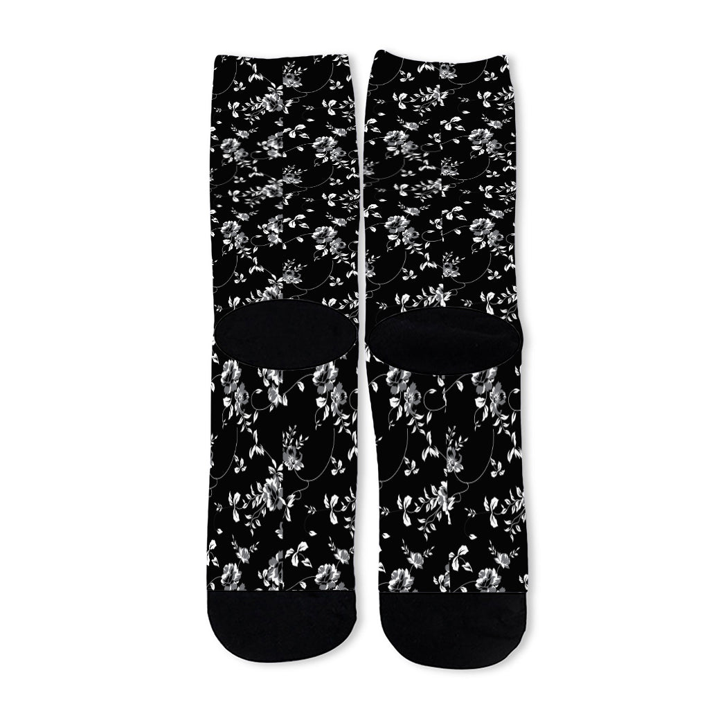 Black And White Flower Print Long Socks
