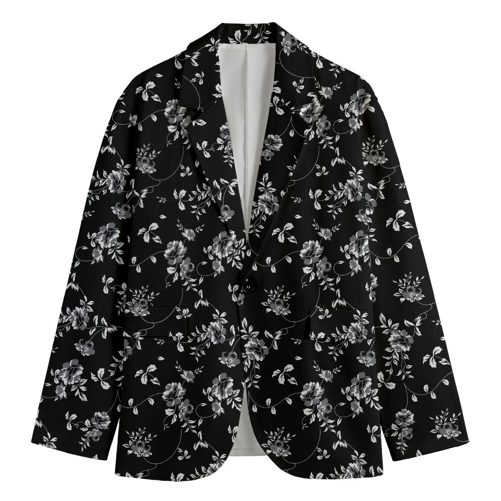 Black And White Flower Print Men's Cotton Blazer