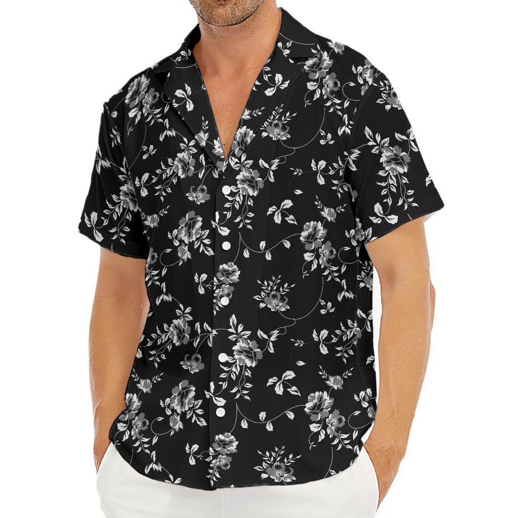 Black And White Flower Print Men's Deep V-Neck Shirt