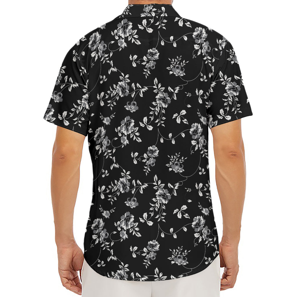 Black And White Flower Print Men's Deep V-Neck Shirt