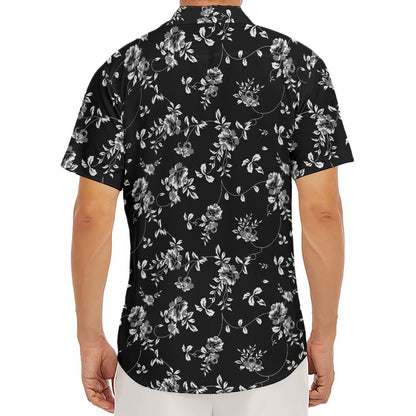 Black And White Flower Print Men's Deep V-Neck Shirt