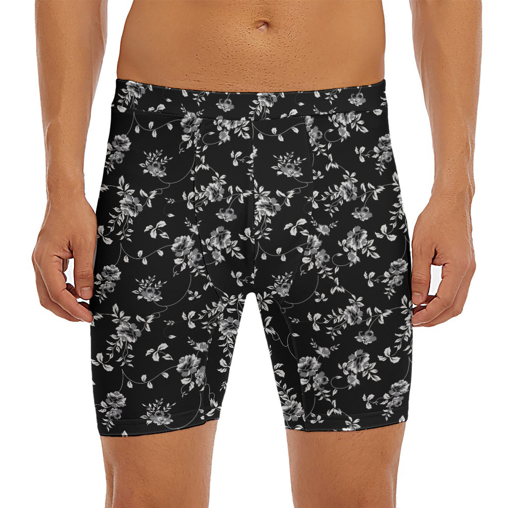 Black And White Flower Print Men's Long Boxer Briefs