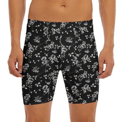 Black And White Flower Print Men's Long Boxer Briefs