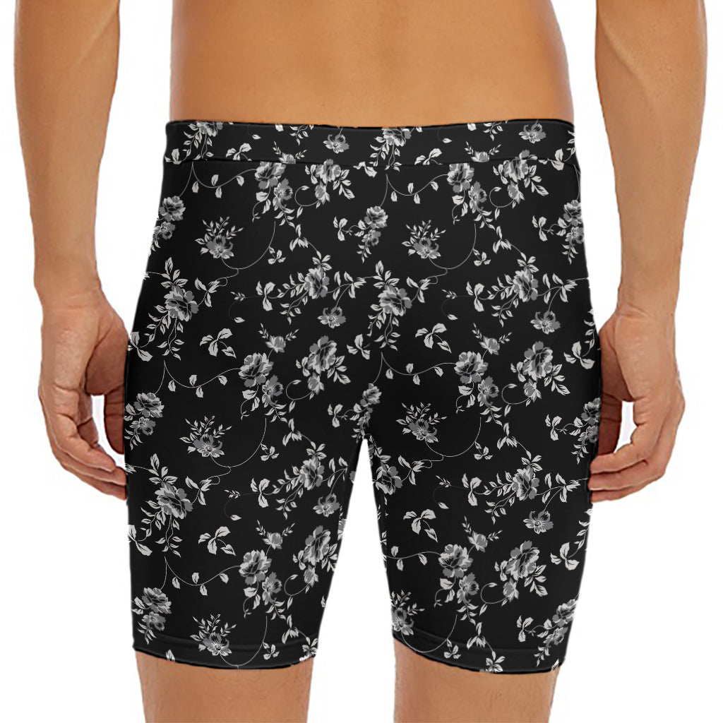 Black And White Flower Print Men's Long Boxer Briefs