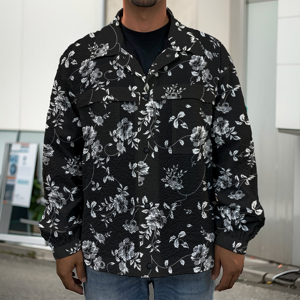 Black And White Flower Print Men's Shirt Jacket