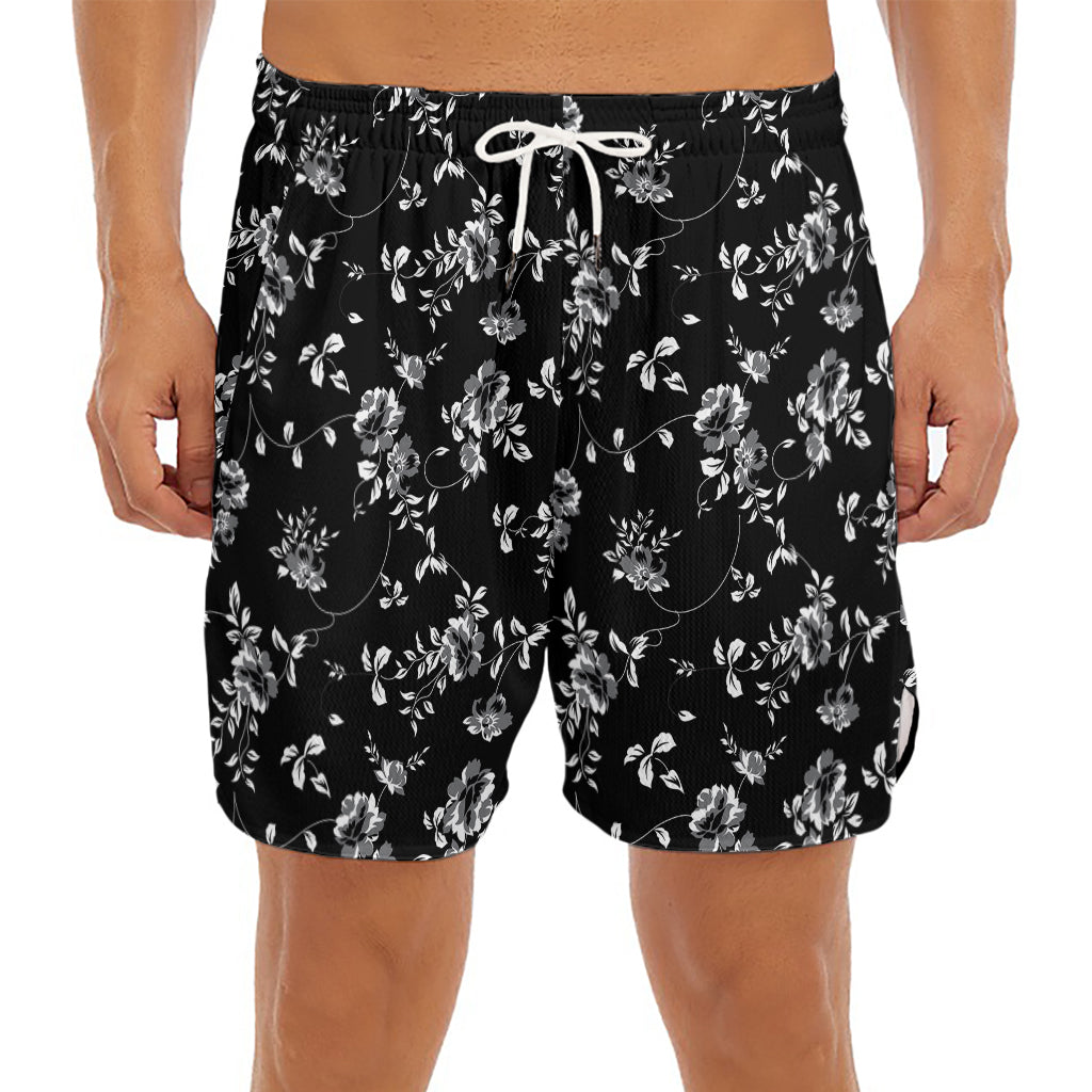 Black And White Flower Print Men's Split Running Shorts