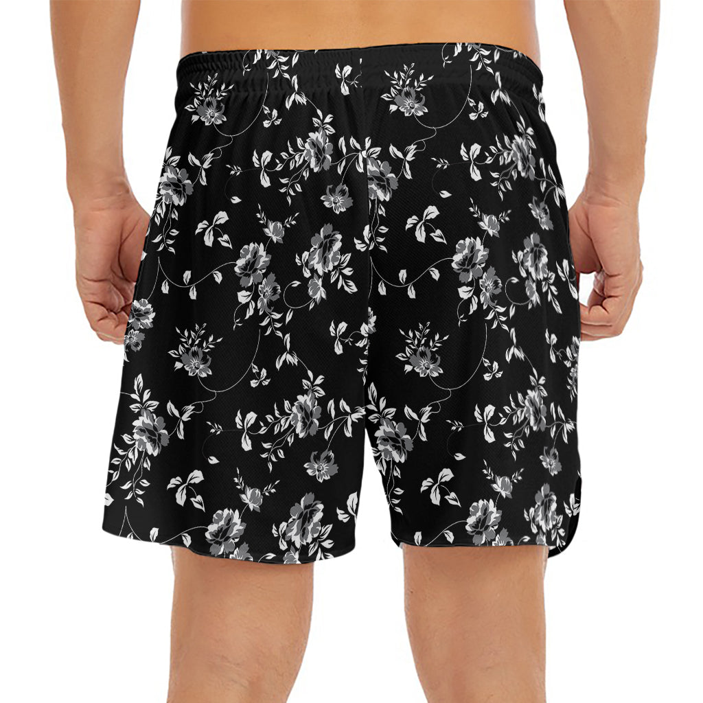 Black And White Flower Print Men's Split Running Shorts