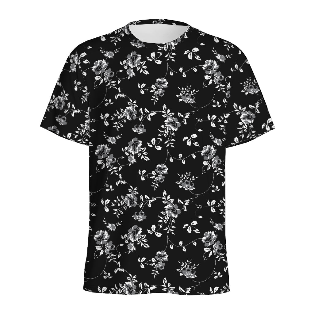 Black And White Flower Print Men's Sports T-Shirt