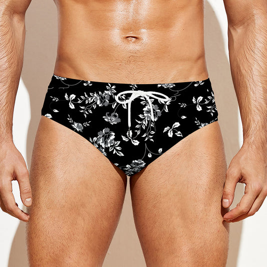 Black And White Flower Print Men's Swim Briefs