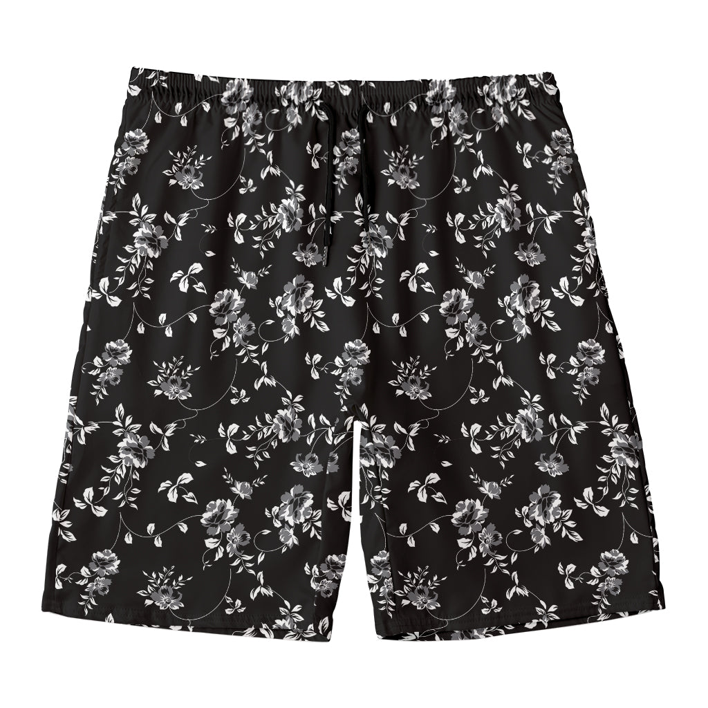 Black And White Flower Print Men's Swim Trunks