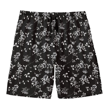Black And White Flower Print Men's Swim Trunks