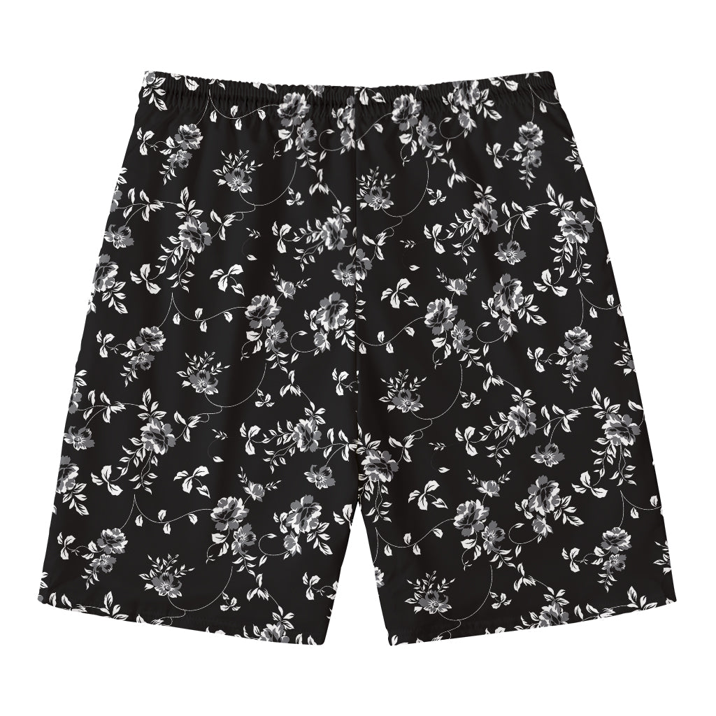 Black And White Flower Print Men's Swim Trunks