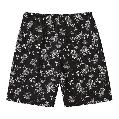 Black And White Flower Print Men's Swim Trunks
