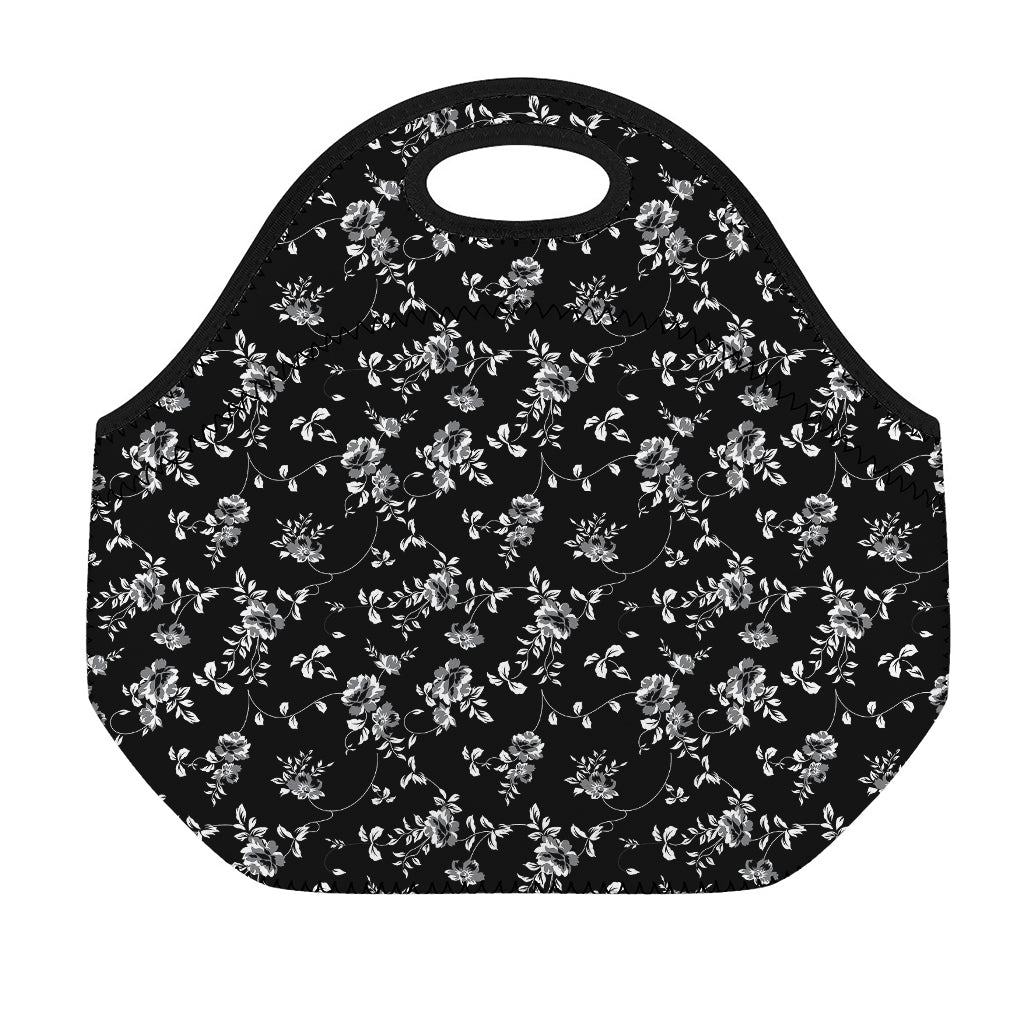 Black And White Flower Print Neoprene Lunch Bag