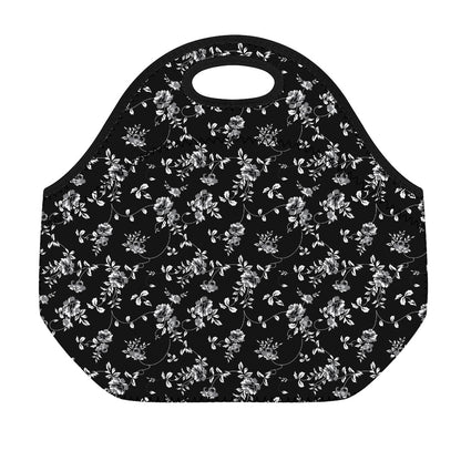 Black And White Flower Print Neoprene Lunch Bag