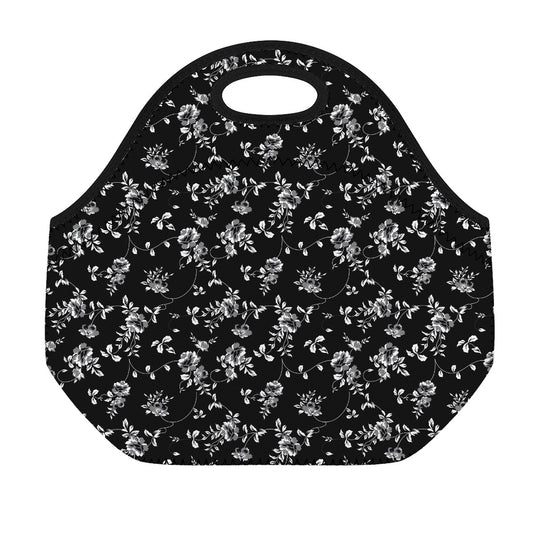 Black And White Flower Print Neoprene Lunch Bag