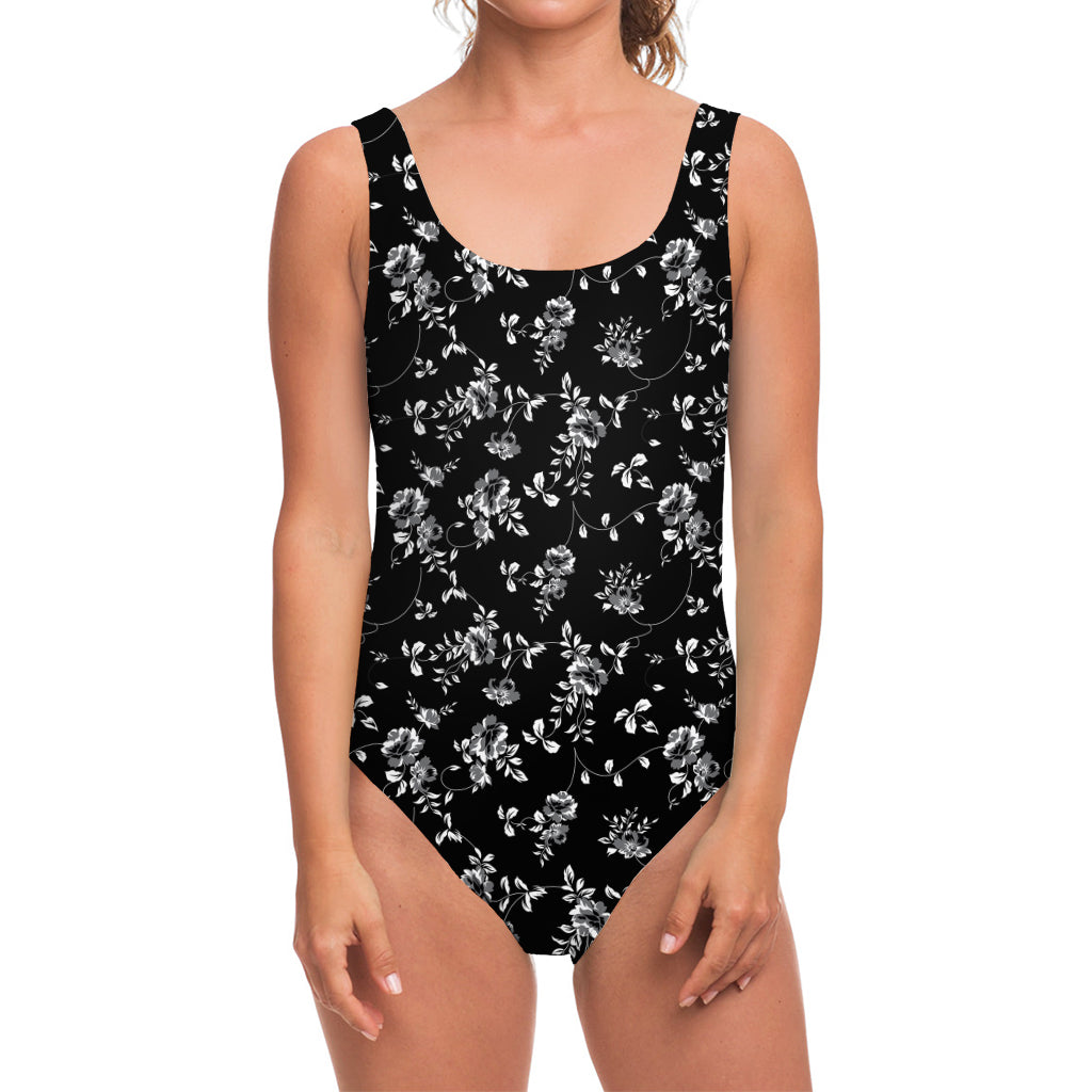 Black And White Flower Print One Piece Swimsuit