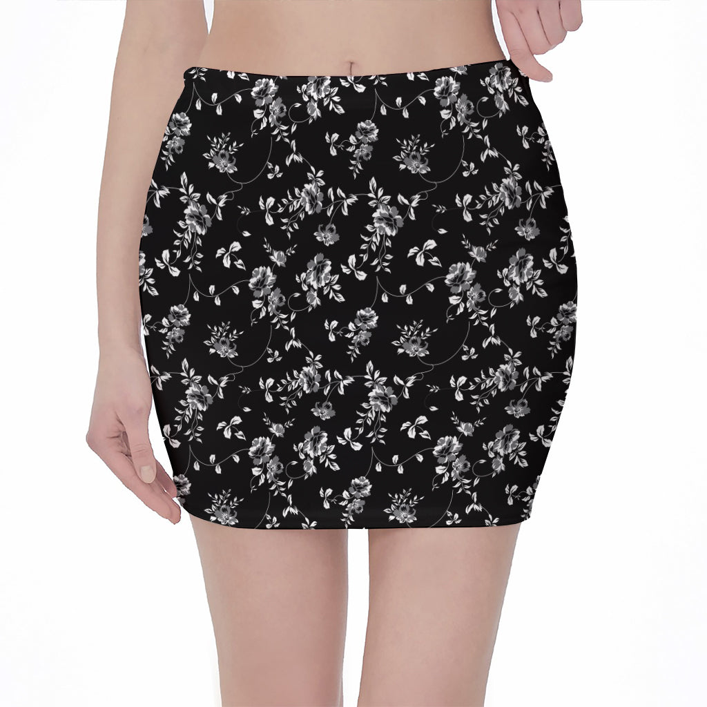 Black And White Flower Print Pencil Mini Skirt