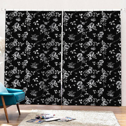 Black And White Flower Print Pencil Pleat Curtains