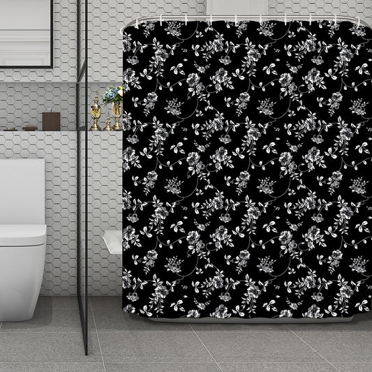 Black And White Flower Print Polyester Shower Curtain