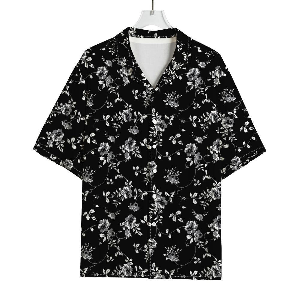 Black And White Flower Print Rayon Hawaiian Shirt