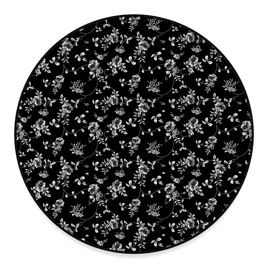 Black And White Flower Print Round Floor Mat