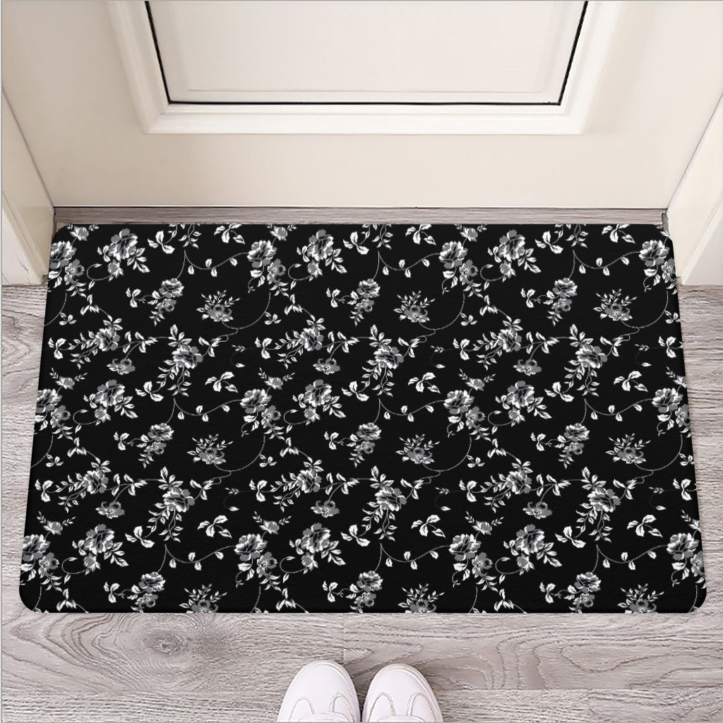 Black And White Flower Print Rubber Doormat