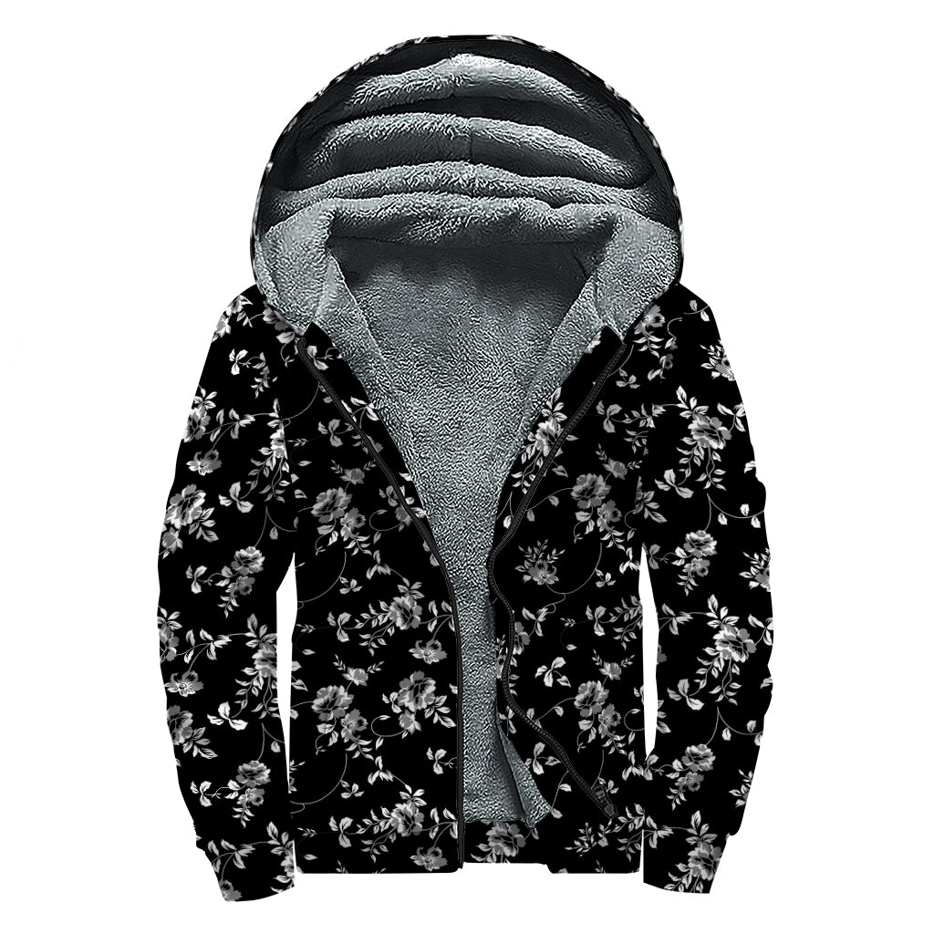 Black And White Flower Print Sherpa Lined Zip Up Hoodie