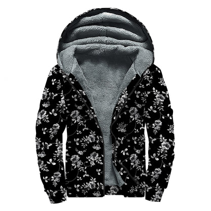 Black And White Flower Print Sherpa Lined Zip Up Hoodie