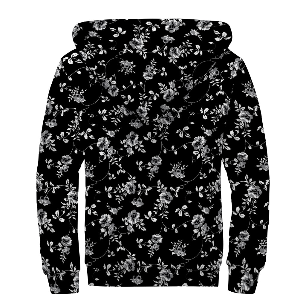 Black And White Flower Print Sherpa Lined Zip Up Hoodie