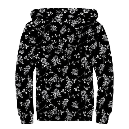 Black And White Flower Print Sherpa Lined Zip Up Hoodie