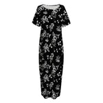 Black And White Flower Print Short Sleeve Long Nightdress