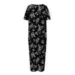 Black And White Flower Print Short Sleeve Long Nightdress