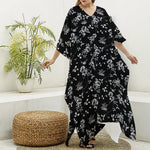 Black And White Flower Print Silk V-Neck Kaftan Dress